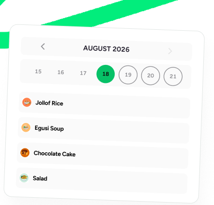 A weekly meal-plan calendar with Jollof Rice, Egusi Soup, Chocolate Cake and Salad planned