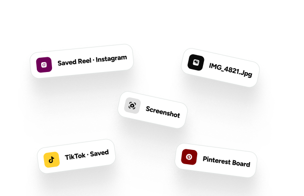 Scattered saved-recipe labels: Instagram reels, screenshots, TikTok saves, Pinterest boards