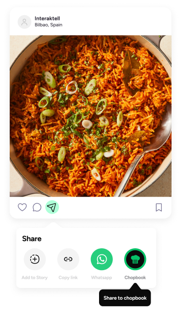 An Instagram jollof rice post with a share sheet where Chopbook is a share target