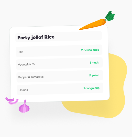 A Party Jollof Rice ingredient list measured in derica cups, mudu, paint and congo cups