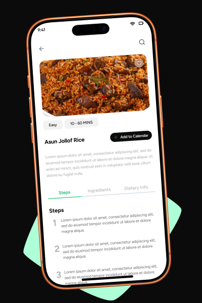 A phone showing a recipe's numbered cooking steps in Chopbook